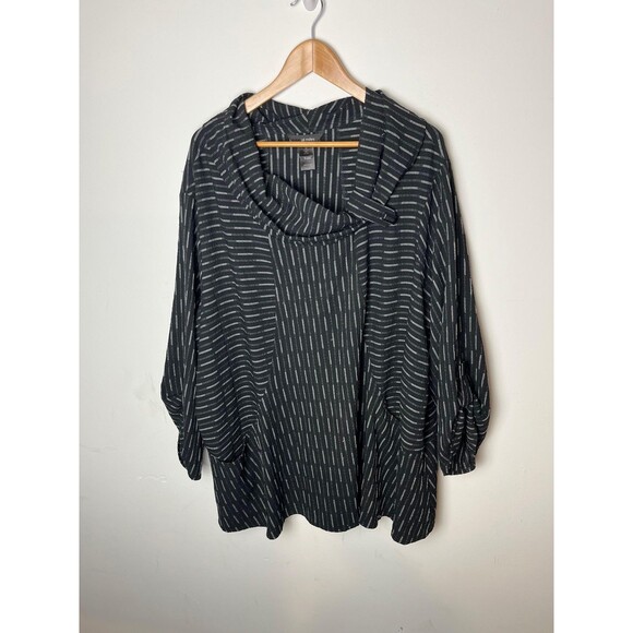 Ali Miles Pullover Womens 3X Black Gray Cowl Neck Tunic Pockets Striped - Picture 1 of 7
